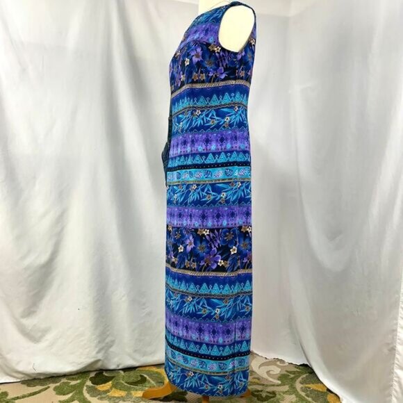 KATHIE LEE 90s Purple Blue Tropical Hawaiian Print Maxi Dress Womens M Vacation - Picture 4 of 5